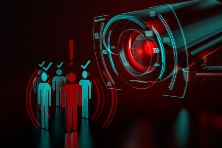 Giant camera checkes group of people as a metaphor of AI-driven (artificial intelligence) surveillance system taking control over world we know concept. 3D renderingの写真素材