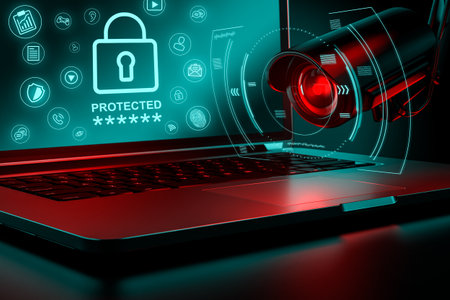 Surveillance camera is focusing on a computer for possible leak of sensitive data in office or...