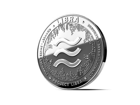 Silver Libra cryptocurrency concept coin isolated on white background. Project Libra conceptual...