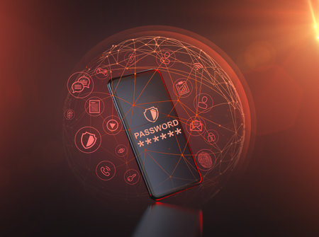 Smartphone surrounded by red nodes and protective force field. Attempted hacker attack - cyber security concept. 3D renderingの写真素材