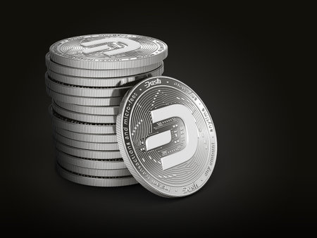 Pile or stack of silver Dash coins with 2019 logo update, isolated on black background. One coin is turned towards the viewer. New virtual money. 3D renderingの写真素材
