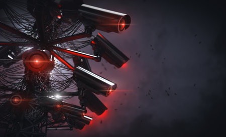 Tower or pylon with many cctv cameras scanning nearby people faces, car plates and so on. Copy space included. Future with constant surveillance and social credit system concept. 3D renderingの写真素材