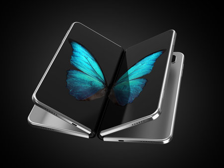 Concept of two foldable smartphone folded and placed next to each other with butterfly image on screens. Flexible smartphone isolated on black background. 3D renderingの写真素材