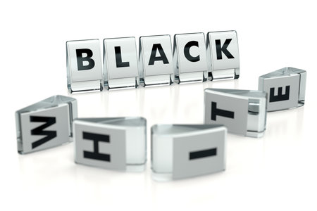 BLACK word written on glossy blocks and fallen over blurry blocks with WHITE letters, isolated on white background. What's black cannot be white - concept for articles or blogs. 3D renderingの写真素材