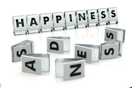 HAPPINESS word written on glossy blocks and fallen over blurry blocks with SADNESS letters, isolated on white background. Don't worry, be happy - concept for articles or blogs. 3D renderingの写真素材