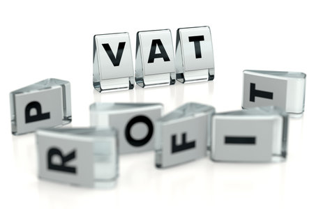 VAT word written on glossy blocks and fallen over blurry blocks with PROFIT letters. Isolated on white. High VAT tax reduces companies' profits - concept for articles, magazines, blogs. 3D renderingの写真素材
