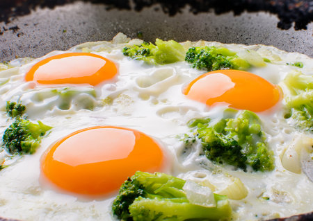 The frying pan with fried eggs with broccoliの写真素材