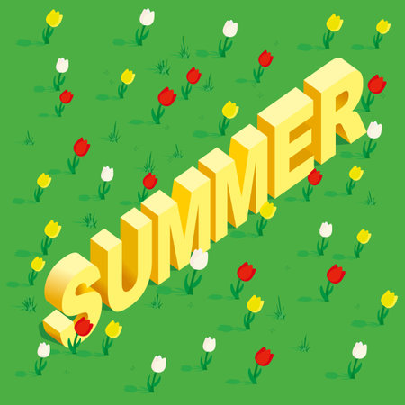 Seamless simple flowers patterns. Word Summer written in the isometric view. Meadow with flowers tulip, chamomile and grass. Vector illustration.のイラスト素材