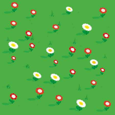 Seamless simple flowers patterns isometric view. Meadow with flowers tulip, chamomile and grass. Vector illustration.のイラスト素材