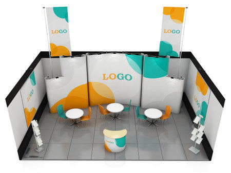 Blank creative exhibition stand design with color shapes. Booth template. Corporate marks and...