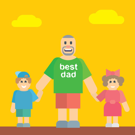 Happy father walking with his daughter and son. Fathers Day. Vector illustrationのイラスト素材