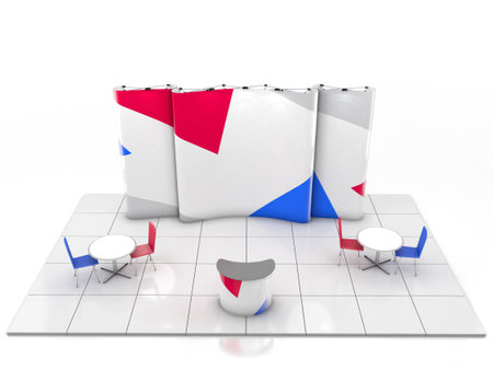 Blank creative exhibition stand design with color shapes. Booth template. 3D render