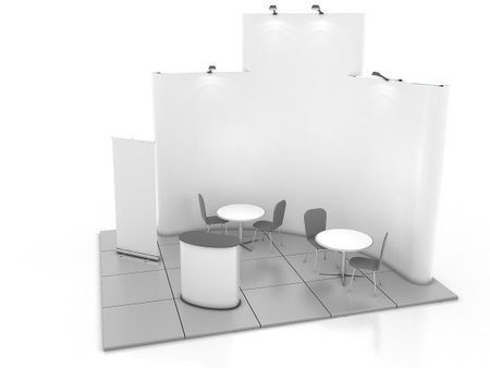 Blank creative exhibition stand design with color shapes. Booth template 01. 3D renderの写真素材