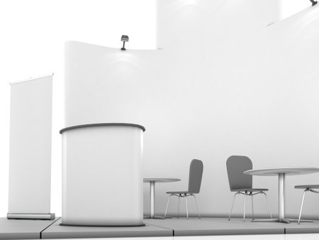 Blank creative exhibition stand design with color shapes. Booth template 01. 3D render