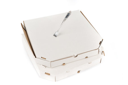 pizza box with forkの写真素材