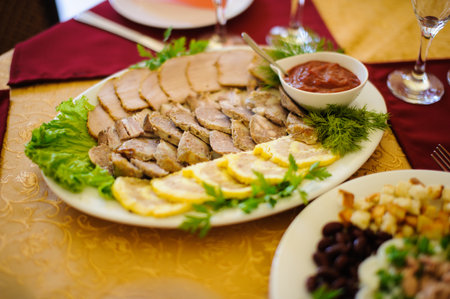 catering table set service at restaurant before party の写真素材