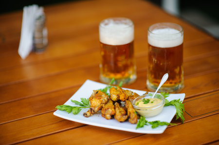 beer with meal on the tableの写真素材