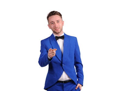 Funny man in blue suite with on white background の写真素材
