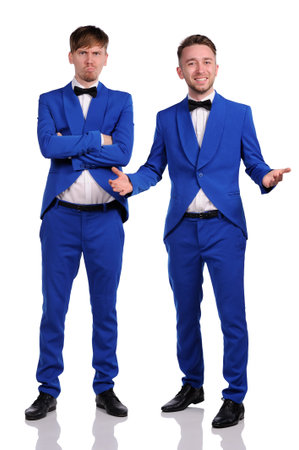 Funny men  dressed in blue suite with different emotionsの写真素材