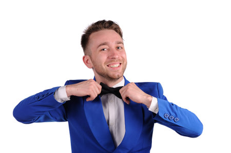 Smiling man in blue suite with on white background の写真素材