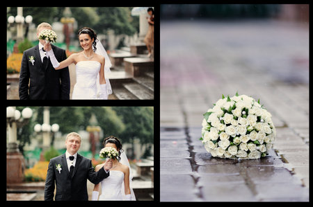 Bride and groom having a romantic moment on their weddingの写真素材