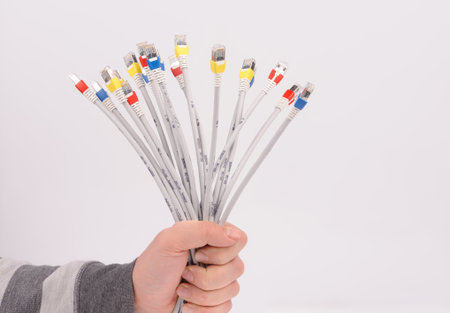 computer network cables in the hands  over grey background 