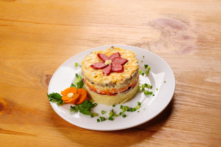 Fresh salad with mayonnaise, sausage,  potatoes, pepper on wooden table