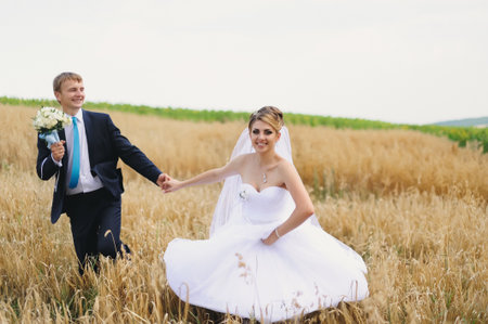 Happy bride and groom on the wheat fieldの写真素材
