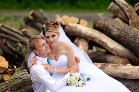 Happy bride and groom on their wedding dayの写真素材