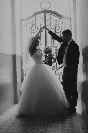 Happy bride and groom on their wedding dayの写真素材