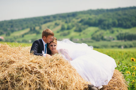 Happy bride and groom on the wheat fieldの写真素材