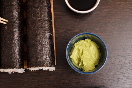 set of sushi on the wooden tableの写真素材