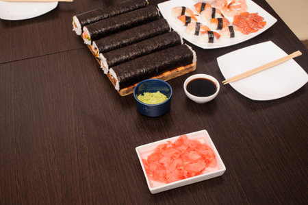 set of sushi on the wooden tableの写真素材