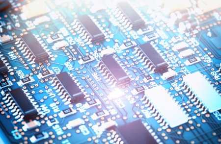Close up of a printed computer circuit boardの写真素材