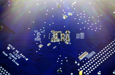 Close up of a printed computer circuit boardの写真素材