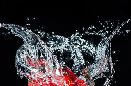 strawberry splash in the waterの写真素材