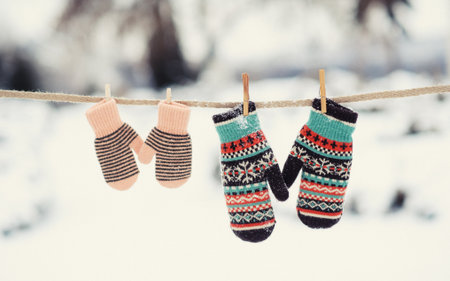 mittens on rope in frosty weatherの写真素材