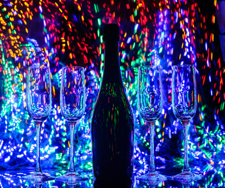 Glasses of champagne on bright background with bokeh effect. Cheersの写真素材