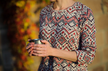 Beautiful Autumn Woman on Yellow Leaves Background Outdoorsの写真素材