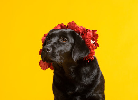Black golden labrador retriever dog isolated on yellow background. Studio shot. Portrait of a cute pet.の写真素材