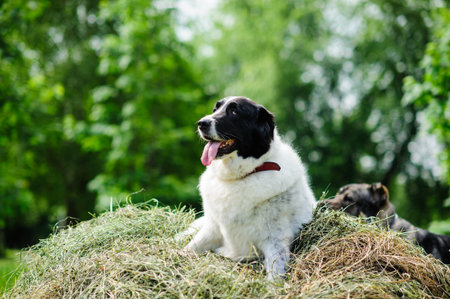Portrait of a beautiful dog on a heyの写真素材