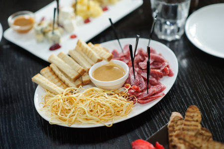 Beautiful served food on plates in restaurant