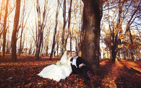 Young wedding couple enjoying romantic momentsの写真素材