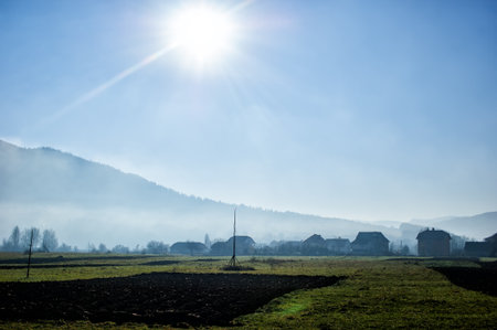 Sunny autumn day. Landscape in mountainsの写真素材