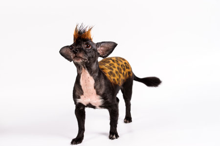 funny dog with color similar to leopard on the grey backgroundの写真素材