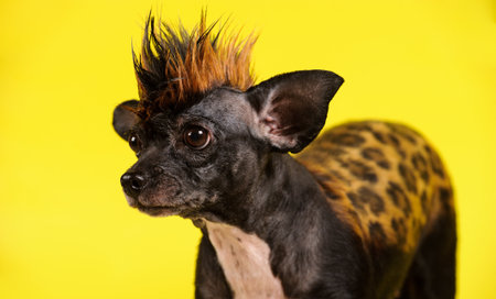 funny dog with color similar to leopard on the yellow backgroundの写真素材