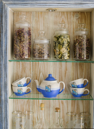 Jars with jam on the kitchen shelvesの写真素材