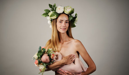 Naked mother holding her newborn babyの写真素材
