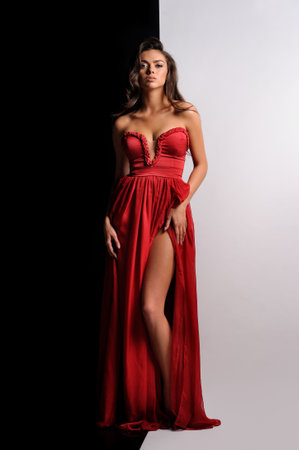 gorgeous woman in red dress. Studio picture, black and white backgroundの写真素材