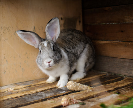 rabbits in the wooden cageの写真素材